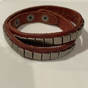Brown Genuine Leather Adjustable Wrap Bracelet with square silver rivets